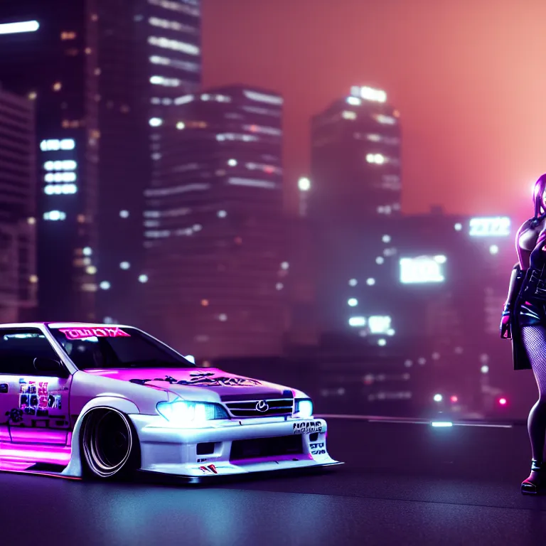 Image similar to toyota jzx 1 0 0 drift with cyberpunk girl standing, detailed - wheels, shibuya prefecture, cinematic lighting, photorealistic, night photography, octane render