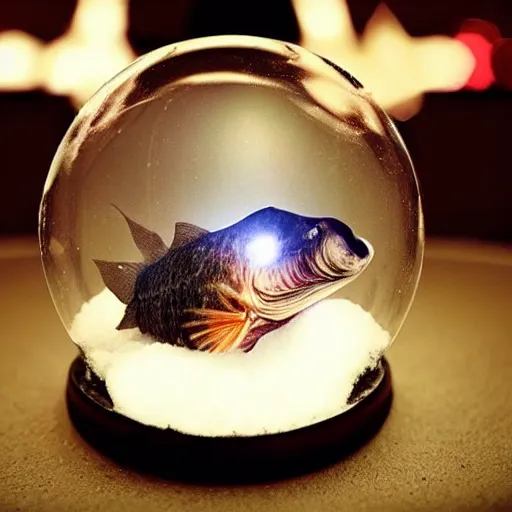Prompt: an anglerfish inside a snow globe, award-winning photograph, trending on Facebook