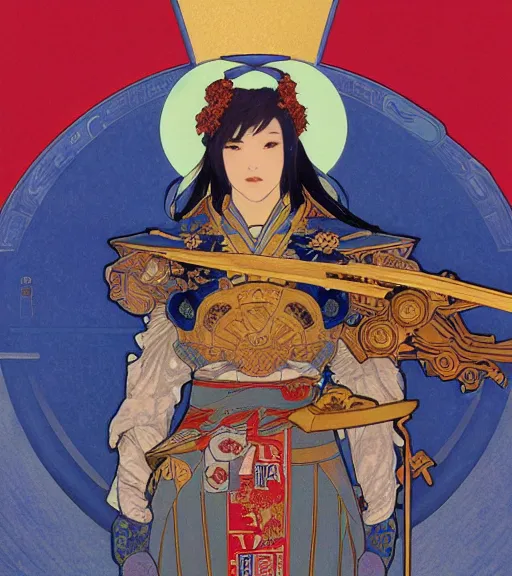 Prompt: JOJI as a celestial Japanese warrior wearing royal blue and gold armor, elegant suit, holding a mecha flaming katana, portrait art by alphonse mucha and greg rutkowski, highly detailed, digital painting, concept art, illustration, dim lighting with twilight rays of red Japanese empirical flag, trending on artstation, very detailed, smooth, sharp focus, octane render, close up