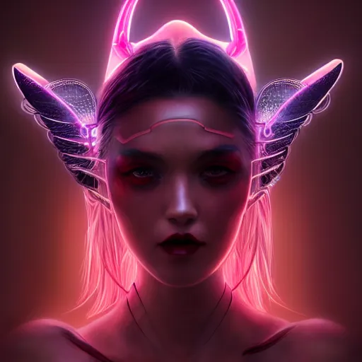 Image similar to portrait futuristic Devil Girl with horns and wings, in future cyberpunk tokyo rooftop , ssci-fi, fantasy, intricate, very very beautiful, elegant, human anatomy, neon light, highly detailed, digital painting, artstation, concept art, smooth, sharp focus, illustration, art by tian zi and WLOP and alphonse mucha