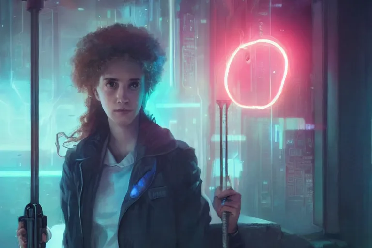 Prompt: portrait of Hermione Granger in cyberpunk, neon lighting, night city, digital art from artstation by Ruan Jia and Mandy Jurgens and Artgerm and william-adolphe bouguereau and Greg Rutkowski and Wayne Barlowe