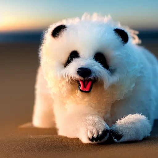 Image similar to a closeup photorealistic photograph of panda themed white bichon frise smiling on the beach at sunset. This 4K HD image is Trending on Artstation, featured on Behance, well-rendered, extra crisp, features intricate detail and the style of Unreal Engine.