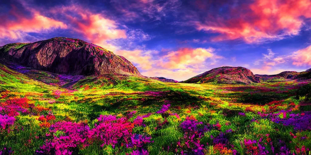 Prompt: photo realistic colorful landscape