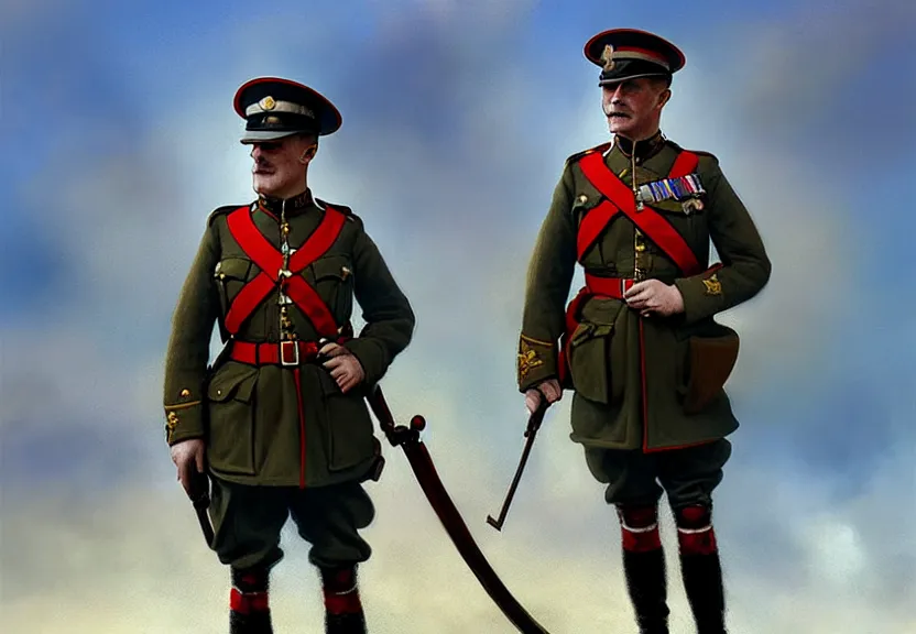 Prompt: wwi officer ceremonial dress, british, first world war, blue sky, 2 0 th century, sunny, detailed, volumetric, cinematic lighting, realistic, digital art by greg rutkowski