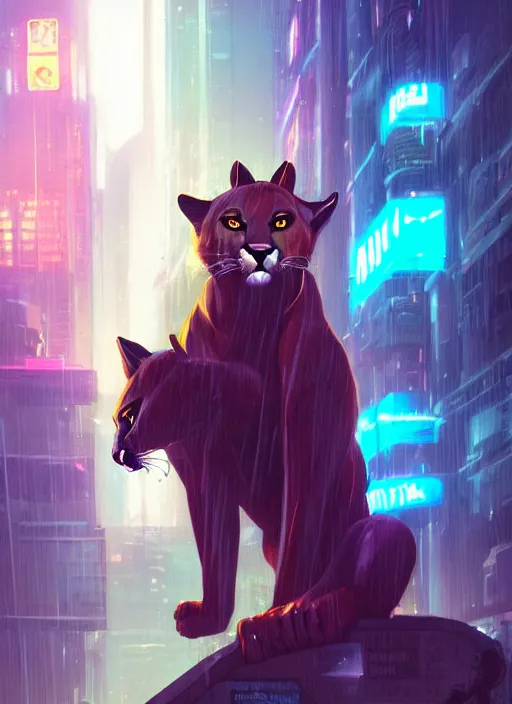 Image similar to beautiful portrait commission of a female furry anthro mountain lion wearing casual clothes. Cyberpunk city at night in the rain. Neon light. Atmospheric. Character design by charlie bowater, ross tran, artgerm, and makoto shinkai, detailed, inked, western comic book art