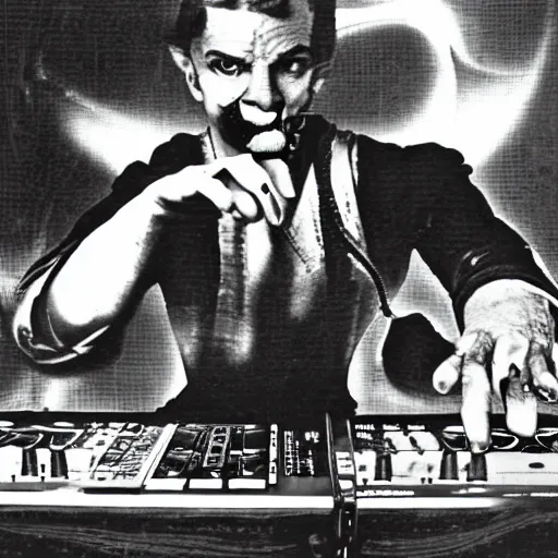 Image similar to satan dj with hand on record spinning