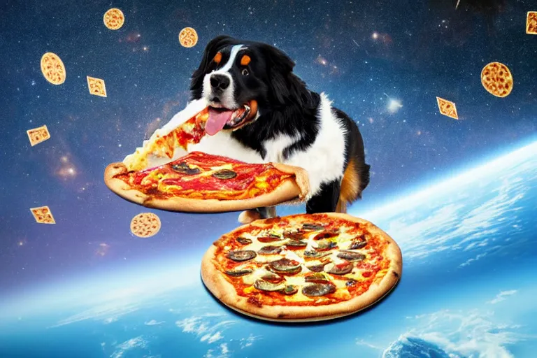 Image similar to a bernese mountain dog standing on a pizza in outer space. the dog is eating a piece of pizza. pizza slices flying with angel wings in background, dark cyan galaxy and stars in background, 4 k photoshopped image, look at that detail