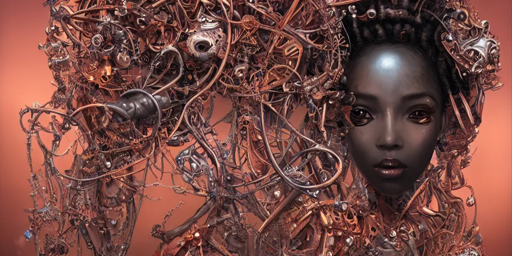 Image similar to hyperrealistic photography of a highly detailed and symmetrical gorgeous black female demigorgon deconstructing a poetry machine in the style of Jin Kagetsu, James Jean and wlop, highly detailed, face symmetry, masterpiece, award-winning, sharp focus, intricate concept art, ambient lighting, 8k, artstation