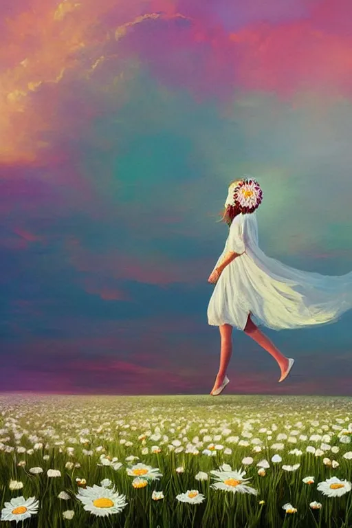 Image similar to giant white daisy flower on head, veiled girl walking in a flower field, surreal photography, sunrise, dramatic light, impressionist painting, colorful clouds, digital painting, artstation, simon stalenhag