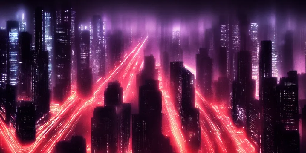 Image similar to megacity streets seen from above, neon signs, giant tv screens, eerie fog, blade runner, ex machina