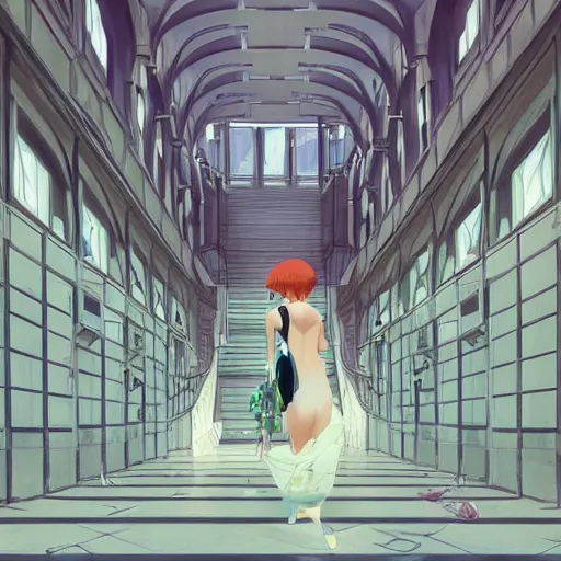 Image similar to a stunningly beautiful slimegirl woman in a bright white hallway with many doors and many stairs, Mc Escher architecture, epic composition, by Makoto Shinkai