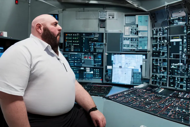 Image similar to heavyset bald man wearing a white shortsleeved shirt and blue jeans working in a nuclear silo control room by Emmanuel Lubezki