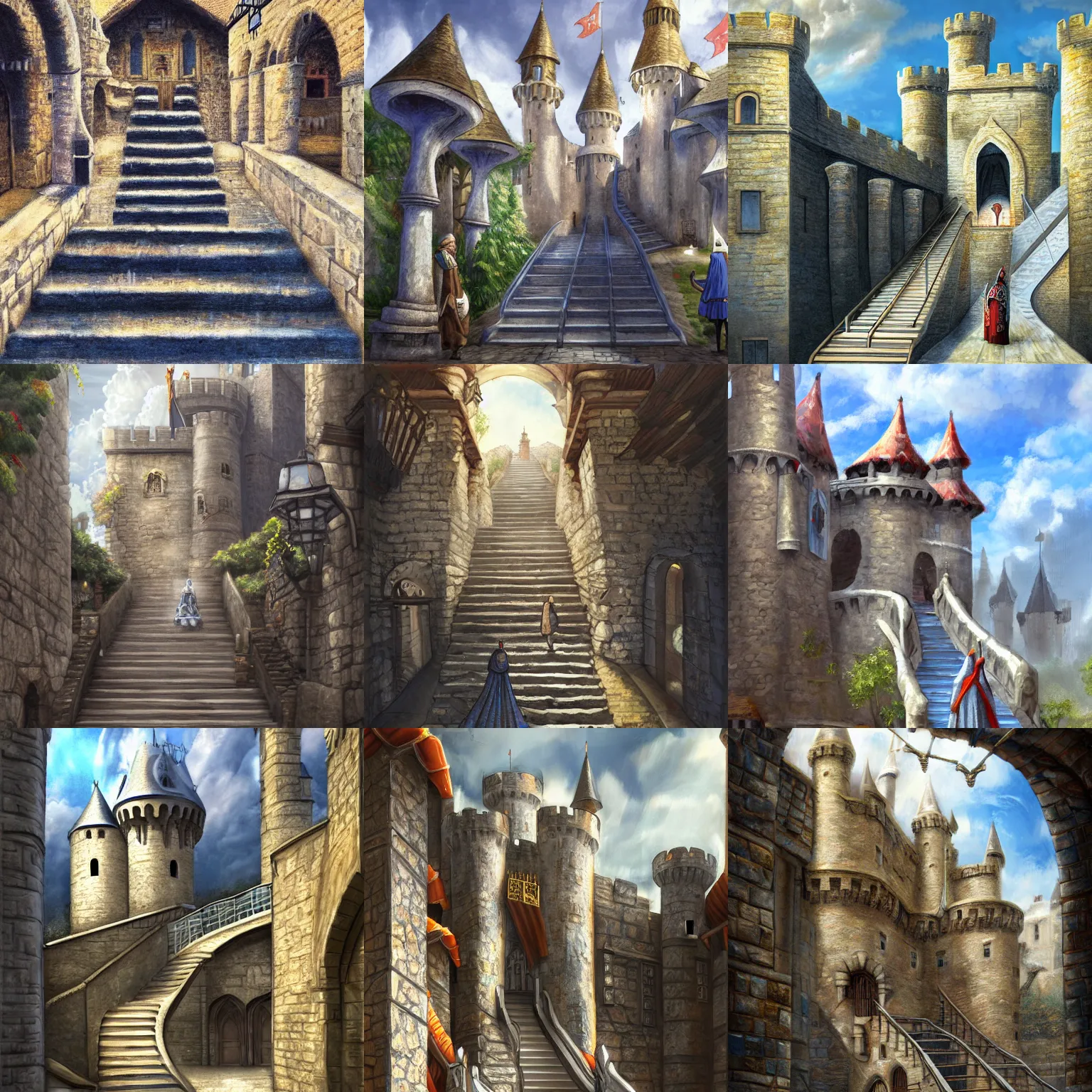 Prompt: A castle courtyard, medieval king in regal robes coming down a subway-style rubber escalator (rolling staircase) to the courtyard, late morning, blue sky, fluffy white clouds, high-angle shot, anachronistic fantasy, digital art oil painting, trending on artstation, 4k