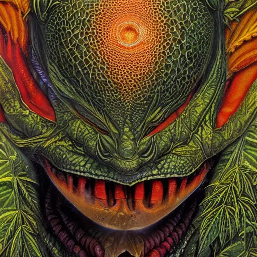 Prompt: perfectly centered portrait, front view of a reptilian alien, blowing out smoke, female, intense stare, vril, symmetrical, concept art, intricate detail, volumetric shadows and lighting, beautiful colors, marijuana leaves, vibrant, realistic oil painting by gustave dore and alex grey,