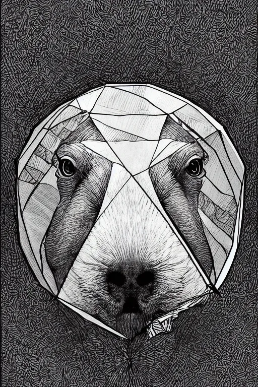 Image similar to portrait of triangle shaped capybara head with single centered giant diamond eye, in the style of Greg Broadmore and Arthur Rackham,trending on artstation, light lighting side view,digital art,surrealism ,macro,blueprint ,vaporwave ,