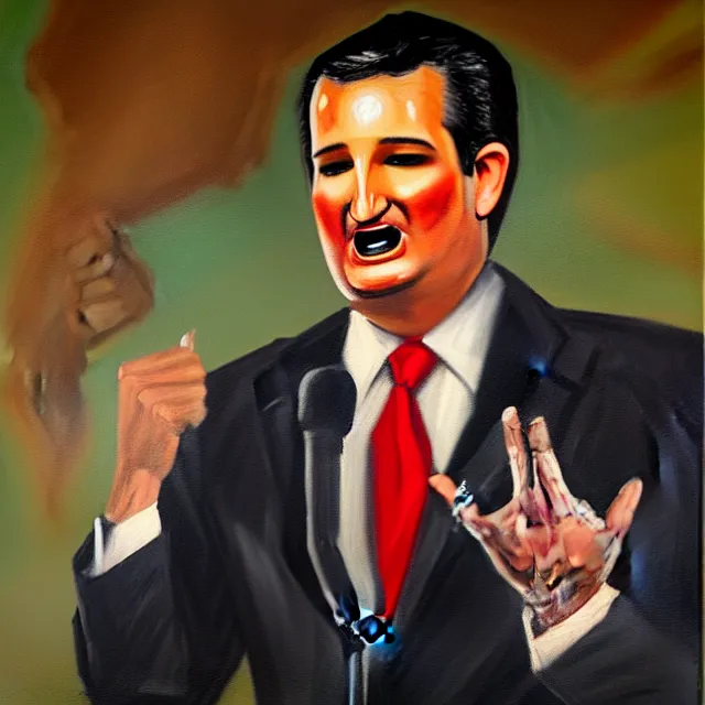 Image similar to an oil on canvas portrait painting of ted cruz giving a speech at the republican convention, surrealism, surrealist, cosmic horror, high detail