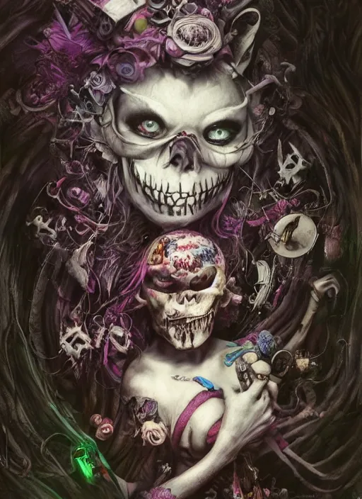 Prompt: Alice attends Mad Tea Party, Cheshire Cat, Mad hatter,highly detailed,half skull face,cinematic,8k,by Stanley Artgermm,Tom Bagshaw,Greg Rutkowski,Carne Griffiths, Ayami Kojima, Beksinski, Giger,trending on DeviantArt,hyper detailed,horror, full of colour