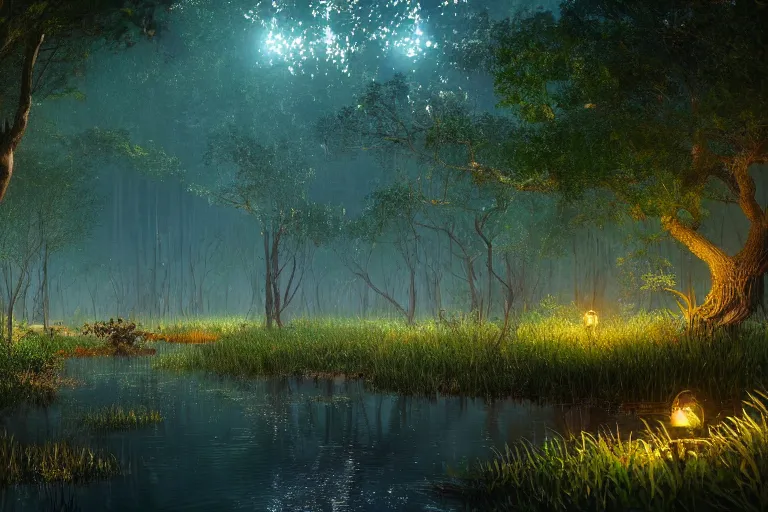 Image similar to a peaceful mangrove tree swamp at night with glowing fireflies, landscape painting, romanticism style, volumetric lighting, unreal engine, cinematic, trending on artstation