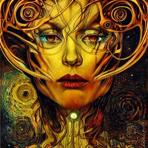 Prompt: Visions of Hell by Karol Bak, Jean Deville, Gustav Klimt, and Vincent Van Gogh, nightmare portrait, infernal, visionary, otherworldly, fractal structures, ornate gilded medieval icon, third eye, hellfire, spirals, cosmic horror