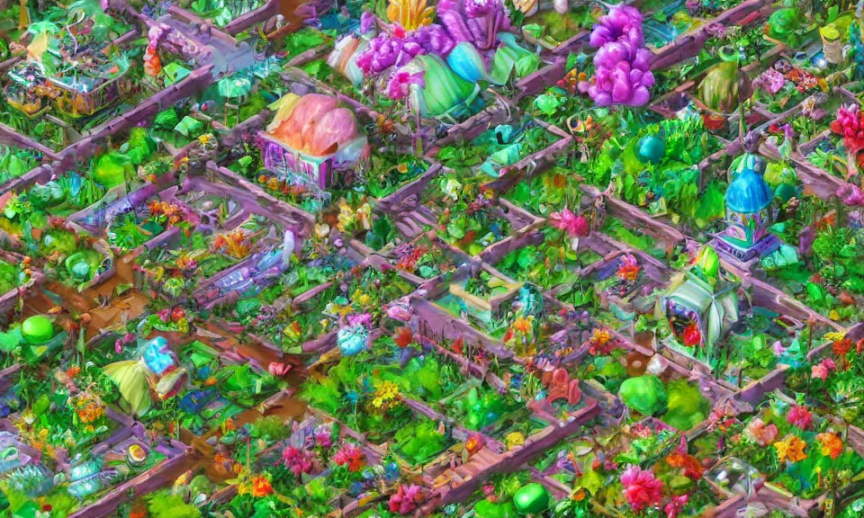 Prompt: floralpunk town, trending on artstation, a town inspired by flower and plant-based industries and World renowned famous artists. Worth1000.com
