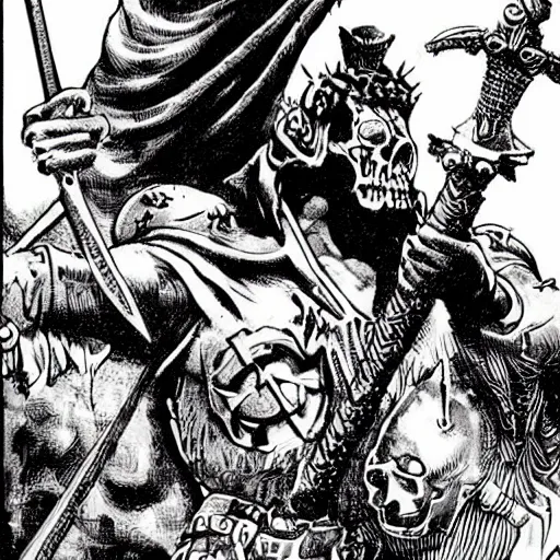 Prompt: A sword stuck in the ground, with a skull lying next to it. Close Up Shot, Dark Fantasy, Film Noir, Black and White. High Contrast, Mike Mignola, D&D, OSR