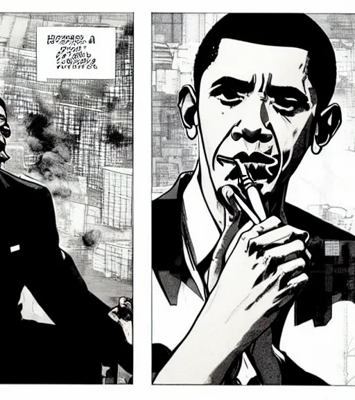 Image similar to a scene of barack obama smoking a blunt, comic book art, by yoji shinkawa and takehiko inoue and kim jung gi, masterpiece, perfect