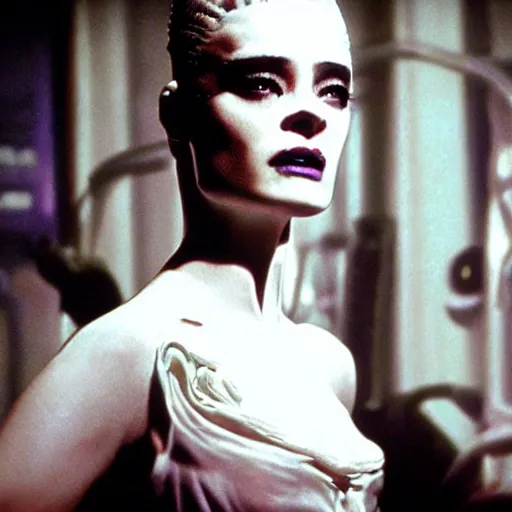 Prompt: cinematic portrait of bride of frankenstein as a replicant in a busy nightclub, frightened and angry, still from the movie ex machina, fashion photography, a neon sign is in the background