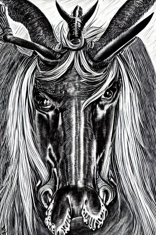 Prompt: demon horse with a horn, symmetrical, highly detailed, digital art, sharp focus, trending on art station, kentaro miura manga art style