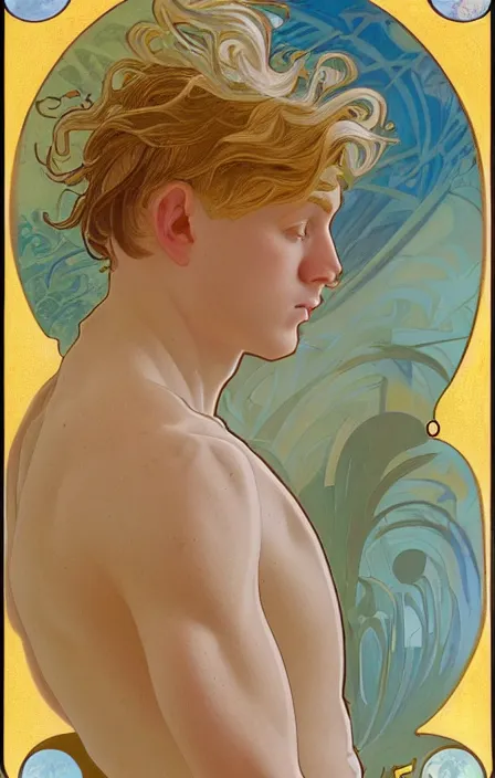 Image similar to young man with short blond hair, looking downwards, magical swirls, magical light, magical atmosphere, depression, alphonse mucha style, painterly, highly detailed, 8 k