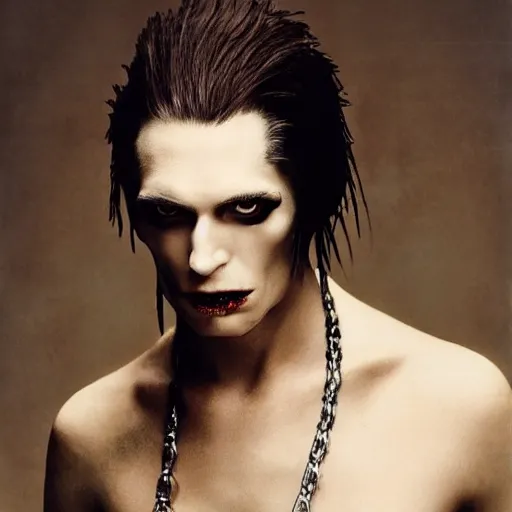 Prompt: head and shoulders vogue fashion photo portrait of a male vampire, d & d, fantasy, medieval castle, year 1 1 8 9, annie liebovitz