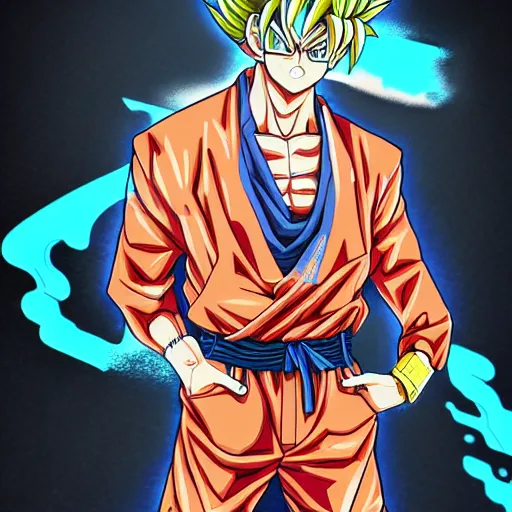 Image similar to a award winning half body portrait of drip goku, outrun, vaporware, shaded flat illustration, digital art, trending on artstation, highly detailed, fine detail, intricate, sensual, elegant, seductive