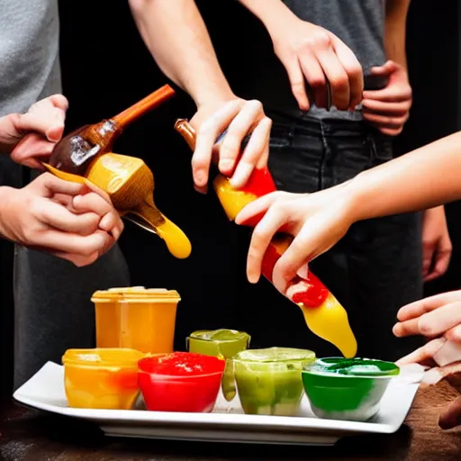 Image similar to people fighting over condiments, messy, condiment fight