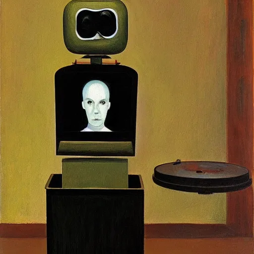 Image similar to super - intelligent robot with kind eyes portrait, in a photo booth, grant wood, pj crook, edward hopper, oil on canvas