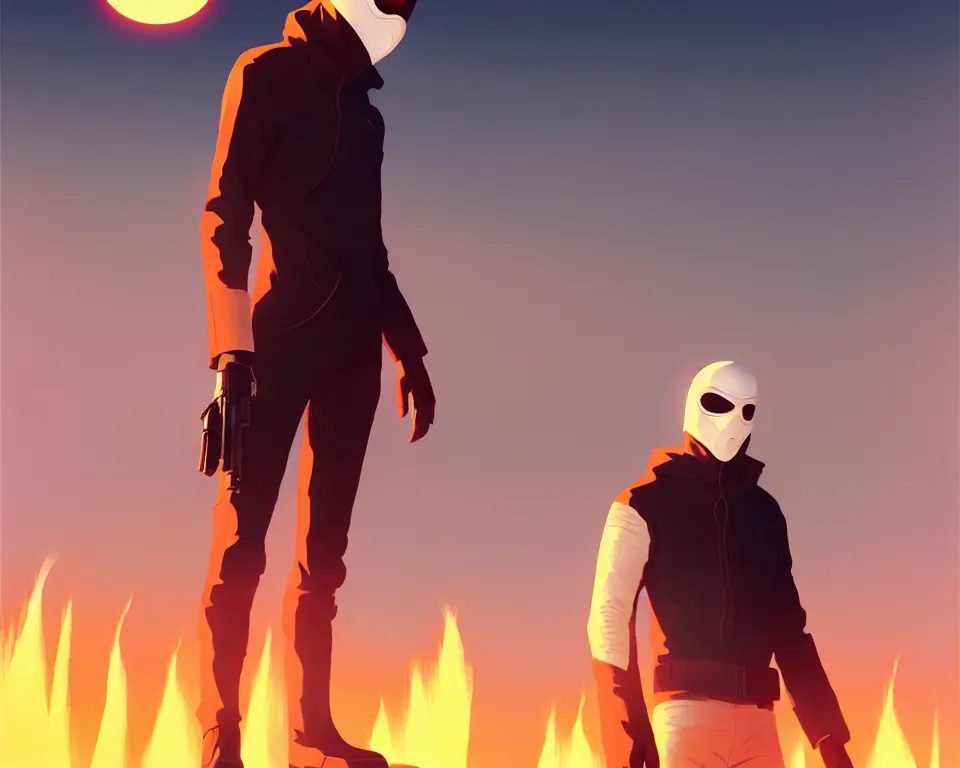 Prompt: white masked man in front of burning desert, by ilya kuvshinov, greg rutkowski and makoto shinkai, trending on artstation