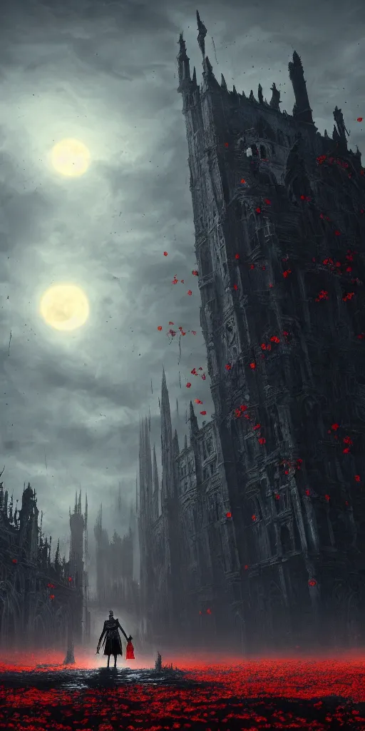 Image similar to abandoned bloodborne old valley with a obscure person at the centre and a ruined gothic city in the background, trees and stars in the background, falling red petals, epic red - orange moonlight, perfect lightning, wallpaper illustration by niko delort and kentaro miura, 4 k, ultra realistic