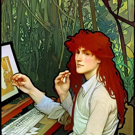Prompt: a red-haired long-haired teenage boy sitting at a computer, jungle around him, painting by alphonse mucha, smooth sharp focus, point of view from behind him