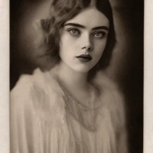 Image similar to headshot edwardian photograph of elle fanning, scarlett johansson, lily collins, barbara palvin, 1 9 2 0 s film actress, realistic face, 1 9 1 0 s, grainy, victorian, detailed, soft blur