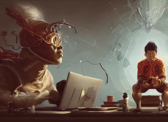 Image similar to an insanely detailed painting of an asian man wearing a homemade superhero costume, sitting at a desk, staring seriously at the computer and typing, in the style of peter mohrbacher, james jean, dramatic lighting and composition, surreal background, octane render, pixar, trending on artstation, concept art, comic book, view from behind, 8 k