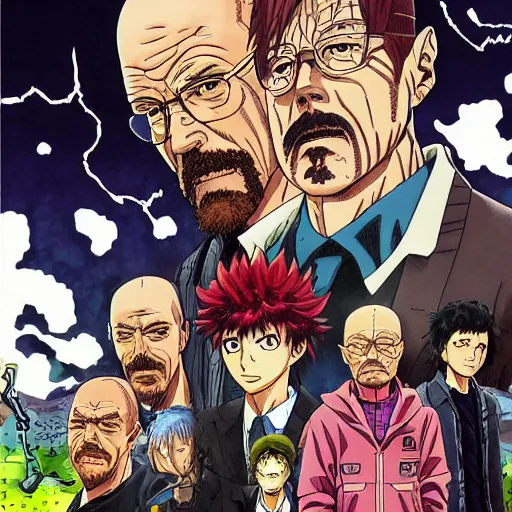 Prompt: Breaking Bad, manga cover illustration by Hirohiko Araki, Takeuchi Takashi, Pochi Iida, Masashi Kishimoto, Junichi Oda, Jojo, Shonen Jump, detailed HD