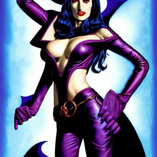 Image similar to Joe Jusko comic art, wide shot, stunning elegant female Eva Green, Indigo Magician, beautiful evil sneer, symmetrical face, symmetrical eyes, leather clothing and boots, long straight red hair, full body, Indigo occult pattern