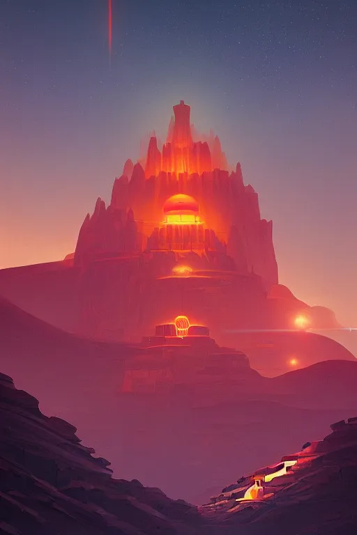 Image similar to tibetan temple glowing orange in canyon, geometric lines and planets in the sky, dramatic lighting, artstation, matte painting, ralph mcquarrie, simon stalenhag