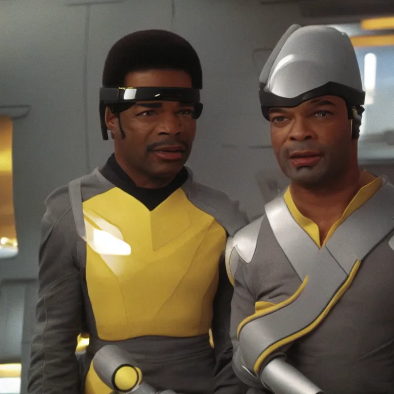 Image similar to geordi laforge wearing visor and high tech ear muffs on his head and kinda looks like lobot