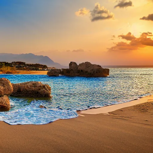 Image similar to sunbeds on Elafonissi Beach in crete, 8k resolution, hyper detailed, professional photograph