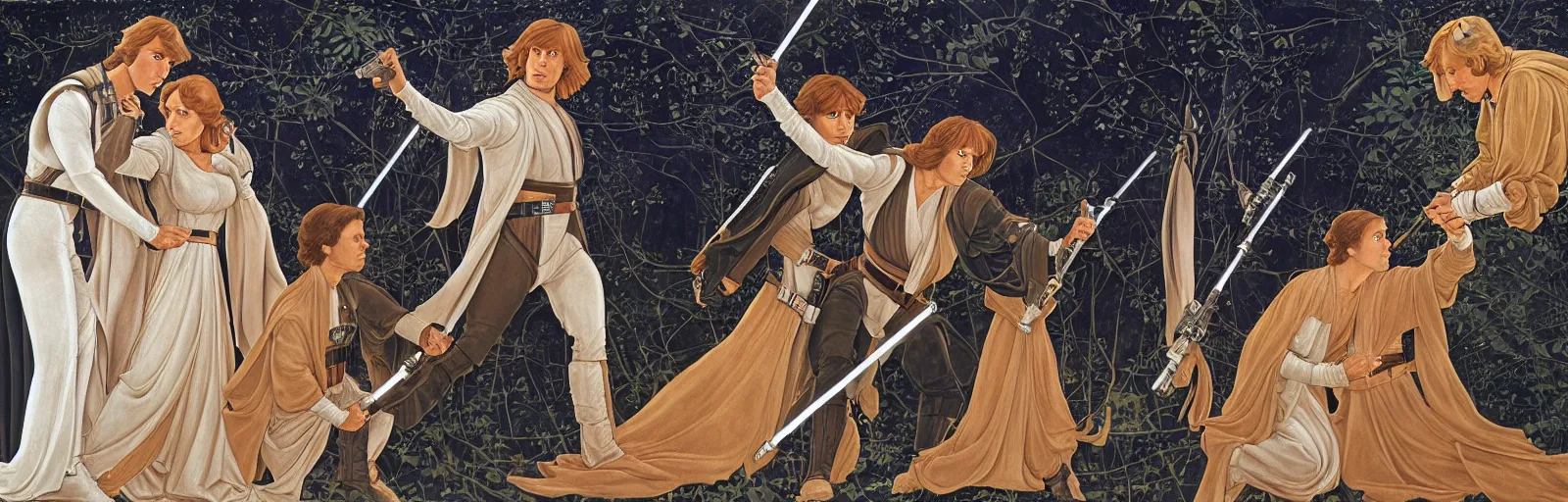 Image similar to luke skywalker, princess leia and han solo in return of the jedi, by sandro botticelli