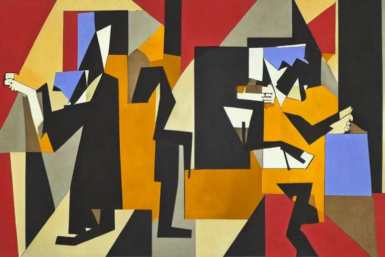 Prompt: Two figures facing camera, they are fighting very angry, Chaotic, paper collage, style of Juan Gris, abstract