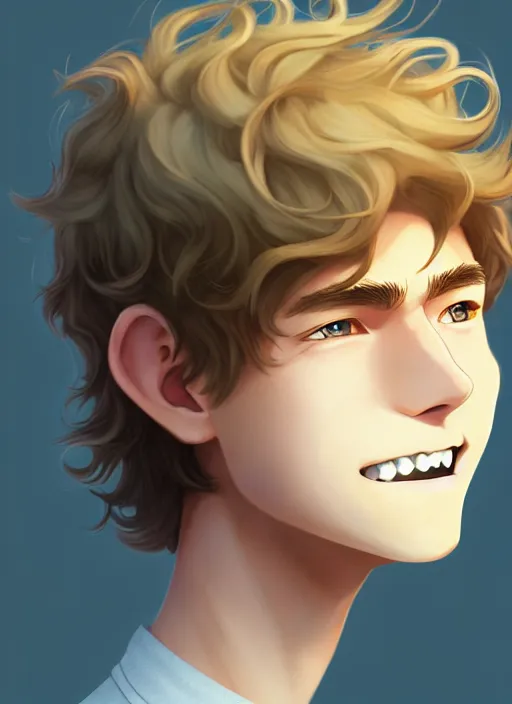 Prompt: beautiful young man with medium - length, curly, golden hair, perfectly proportioned face, aquamarine eyes, long eyelashes, smile, natural lighting, path traced, highly detailed, high quality, cartoon, digital painting, by new haicheng and studio ghibli