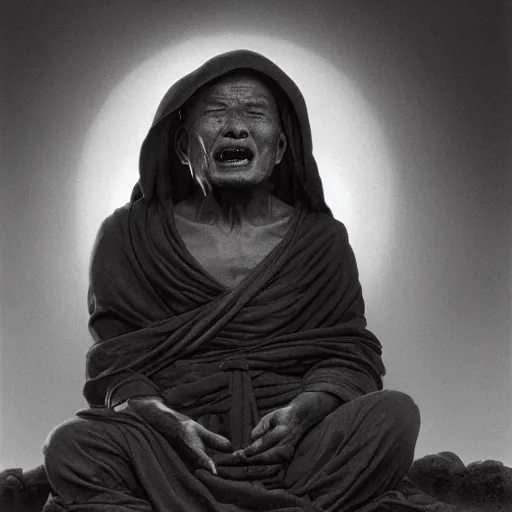 Image similar to a monk screams once he reaches the same enlightenment as the buddha, by gerard grom, zdzislaw beksinski and ansel adams, 4 k artstation