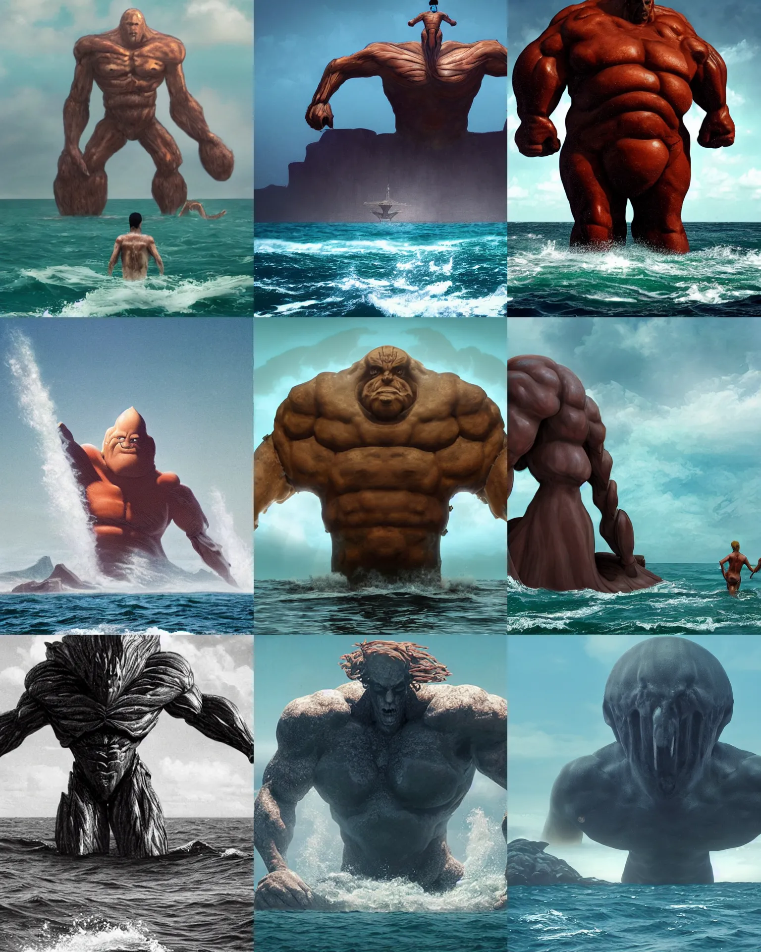 Prompt: A gigantic humanoid Titan rises out the sea startling onlookers, with just his head riding out of the water.