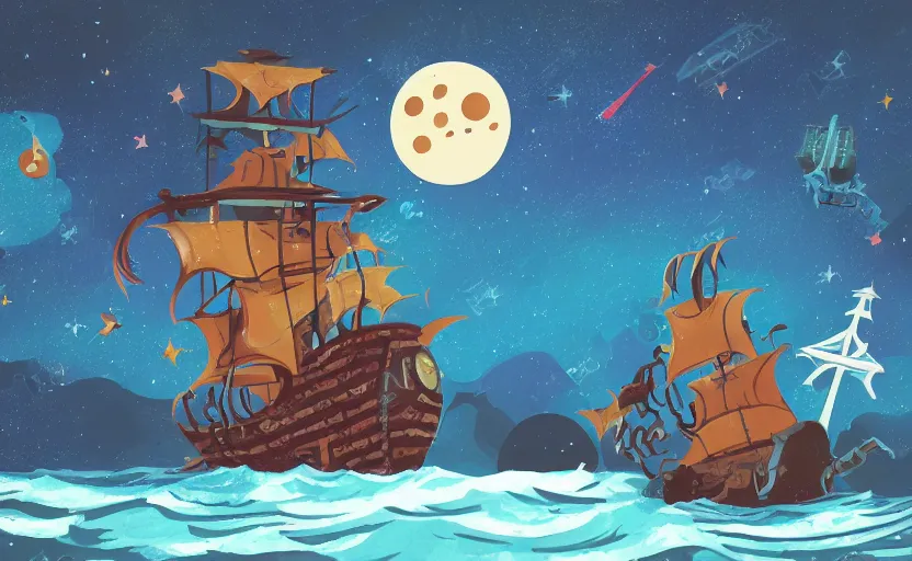 Image similar to pirate ship in space, storybook, gouache, flat, concept art, lush, pixel art