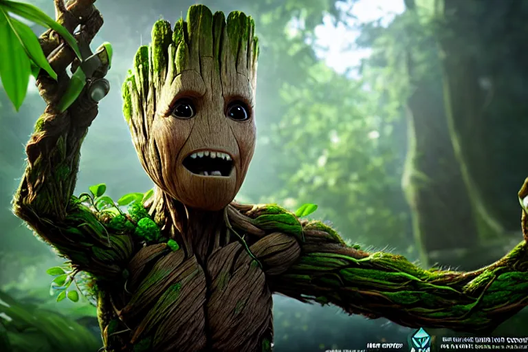 Image similar to I am groot in a woodland terrarium, Trending on artstation, award winning. Octane render, 4k, 8k, unreal 5, very detailed, hyper control-realism.